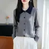 Cardigan de Tricô Gola Polo Veludo Arroz Pegajoso Outono/Inverno 2026 Manga Longa Feminino Bloco de Cores Solto Versátil Peça de Roupa Externa