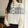 Suéter de Punto Jacquard de Lana Vintage con Cuello Semiabierto, Elegante Estilo Nuevo de Primavera, Top de Punto Vintage para Mujer de Otoño e Invierno