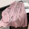 Blusa de Algodón y Lino de Manga Larga con Puños Elásticos, Mangas de Farol, Corte Holgado, Botones Pequeños, Protección Solar, 2026