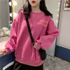 Moletom Espesso com Forro de Lã e Gola Redonda Feminino Estilo Coreano Novo Outono e Inverno Jaqueta Solta Estudante com Estampa de Letra na Frente e no Verso