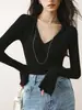 Camisa Base de Tricô de Lã Ron Estilo Francês Chique Slim Fit Decote V Outono e Inverno Top Interno de Manga Longa de Alta Qualidade