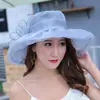 Novo Chapéu de Sol Elegante de Flor de Malha Retrô Chapéu de Sol de Férias Chapéu de Aba Larga Chapéu Feminino Chapéu de Organza para Viagem