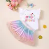 Atuendo para el primer cumpleaños de niña: enterizo de manga abullonada, vestido de lentejuelas arcoíris, diadema de lazo, conjunto de tres piezas, vestido de primer cumpleaños