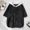 Sudadera con capucha de manga corta para hombre, top de estilo japonés de moda para verano, corte holgado, camiseta de manga media, ropa tipo camiseta