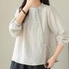 Novas Camisetas de Algodão e Linho de Manga Longa Deste Outono, Tops Elegantes Retrô Artísticos para Mulheres, High-End, Cobrem a Barriga, Look Emagrecedor