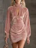 Vestido de mujer de terciopelo coreano para otoño e invierno, estilo europeo y americano, Amazon, sexy, lujo ligero, color sólido, de alta gama, cuello alto, ajustado