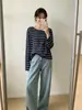 Camiseta de manga larga a rayas para mujer, corte holgado, cuello redondo, estilo coreano casual, nueva blusa fina de verano protectora del sol