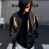Bwka Jaqueta Bomber Masculina e Feminina de Couro PU Falsa Duas Peças Tendência Outono Marca Solta Acolchoada