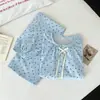 Pijama romántico estilo coreano para mujer con lunares azules, de manga larga y pierna larga, con cintura de corbata, fino y adecuado para usar afuera como ropa de estar en casa en primavera y otoño
