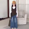 Conjunto de Camiseta de Manga Larga con Dobladillo Fruncido Falso de Dos Piezas, Novedades Otoño 2026 para Niñas, Pantalones de Pierna Ancha de Mezclilla Estilo Coreano para Niña