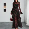 Nuevo Vestido Negro Estampado Europeo y Americano Manga de Hoja de Loto Estampado de Plantas y Flores Vestido de Nicho Vestido Largo de Vacaciones para Mujer
