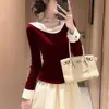 Estilo Socialité Suave y Elegante de Otoño e Invierno con un Aire de Dama Rica, Atractivo Divino y un Top de Patchwork de Terciopelo con Cintura Definida Inspirado en Chanel