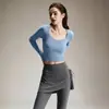 Conjunto de shorts com saia e cordão irregular para yoga feminino Gola quadrada francesa slim fit manga longa respirável elástico vestuário esportivo fitness para mulheres
