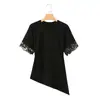 Camiseta de encaje asimétrica de manga corta con cuello redondo de verano para mujer estilo europeo y americano 7057