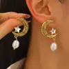 Brincos Pendentes de Estrela e Lua com Pedras Preciosas Transfronteiriços para Mulheres, Brincos Elegantes Estilo Corte Retro, Atacado