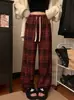 Pantalones Cuadros Vintage para Mujer, Estilo Coreano Primavera y Otoño, Holgados Casuales de Cintura Alta, Adelgazantes, Pequeños, Pierna Ancha