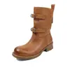 Botas Martin de cuero lavado de primera capa para mujer, botas de motociclista, nuevo estilo otoño/invierno, punta redonda, tacón medio, con hebilla, botas de media pantorrilla