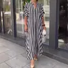 2026 Plataforma Independente de Roupas Femininas Transfronteiriças Moda Estilo Europeu e Americano Vestido Listrado com Fenda Vestido Longo com Fenda de Manga Curta para Mulheres