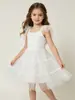 Vestido de cumpleaños de princesa con tiras de lazo transfronterizo personalizado para niños, vestido de tarta de tul para niñas, vestido formal blanco