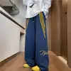 Calça Moletom Listrada Masculina Outono Caimento Americano Solta Esportiva Perna Larga Peso Pesado Juventude Calças Casuais