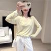 Blusa Leve Macia de Manga Longa BI Macaron Lazy com Abertura em T e Decote V para Viagem, Pulôver Solto que Cobre a Barriga
