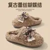 Pantuflas de Algodón con Lazo para Mujer Otoño/Invierno 2026 Nuevo Estilo para Interiores del Hogar Suela Gruesa Antideslizantes Pantuflas Cálidas de Felpa con Borrego