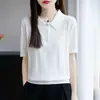 Camiseta de Tricô Gola Polo 100% Algodão Manga Curta para Mulheres 2026 Primavera e Verão Novo Estilo Francês Gola Lapela Manga Curta Top para Mulheres