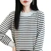 Suéter de malha de algodão puro outono nova cor bloco listrado gola redonda caimento solto estilo coreano versátil blusa de manga comprida para mulheres