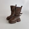 Botas de Couro Retro Versáteis de Salto Alto Botas com Solado Grosso Texturizado para Mulheres Outono e Inverno Estilo Britânico Botas de Moda de Salto Grosso Pequeno