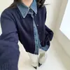 Novo Cardigã de Tricô Patchwork em Jeans com Manga Longa Outono/Inverno para Mulheres, Casaco Suéter de Botão com Gola Reversível, Cardigã de Tricô Estilo Casual
