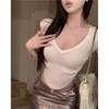 Camiseta Morada de Manga Corta con Cuello en V para Mujer, Top de Punto Elástico, Ajustado Sexy Delgado Fábrica