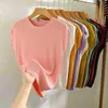 Blusa de malha solta oversized de seda gelada para mulheres, verão fina slim-fit gola redonda cor sólida versátil ombro caído manga curta