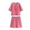 Conjunto Europeu e Americano Transfronteiriço de Verão para Mulheres, Blusas Xadrez de Amarrar, Casual Elegante Solto, Calças de Perna Larga de Cintura Alta