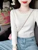Suéter de punto de cuello redondo largo de estilo francés para mujer con puntadas de encaje calado, camiseta básica de jersey, top cálido