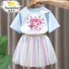 Adorable y Lindo Conjunto de Vestido de Malla de Manga Corta con Estampado para Niñas, Camiseta y Falda Corta para Verano 7