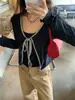 Toma real: Camiseta de manga larga con bloques de color, lunares y encaje, estilo coreano, dos piezas falsas para mujer, top corto puro y sexy 19611
