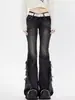 Vibras Estilo Americano Jeans Negros Oxidado Micro-borde Mujer Primavera Verano Sentido del Diseño Cintura Alta Adelgazantes Pierna Ancha Pantalones de Campana