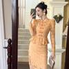 Moda Otoño 2026 Mejorado Cheongsam para Niñas con Pedrería, Bordes Fruncidos, Ceñido a la Cintura, Vestido Bodycon de Dos Piezas Falso para Mujer 11211