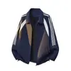 Chaqueta deportiva de marca de moda con bloques de color de tres rayas, solapa de color contrastante blanco y negro, hombros caídos holgados, chaqueta casual juvenil para primavera y otoño