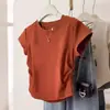 Camiseta de algodón para mujer, hombros normales, entallada a la cintura, fruncida, manga corta, dulce y picante, adelgazante, para petite, cuello redondo, verano 2026