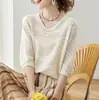 2026 Nueva Camiseta de Verano para Mujer con Mangas Tres Cuartos y Mangas Cortas, Top de Punto Fino de Seda Helada Hueco con Cuello en V, Ropa para Mujer de Tallas Grandes