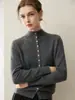 Cardigã 100% caxemira, nova blusa base feminina outono e inverno com gola semi-alta e barra dobrada, casaco de botão único estilo suave
