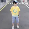 Roupas Infantis Meninos Verão Terno Degradê Crianças Maiores Esportivo Casual Manga Curta Jeans Conjunto de Duas Peças Atravessando Fronteiras Atacado Tendência