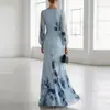 2026 Nuevo Modelo Estación Independiente Transfronteriza Estilo Europeo y Americano Vestido Largo Azul Estampado Elegante Vestido de Fiesta para Mujer