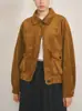 Jaqueta Aviador Transfronteiriça Europeia e Americana com Gola Lapela, Estilo Workwear, Zíper, Caimento Solto, Ombros Caídos, Toque de Alta Qualidade, Casaco Feminino de Manga Longa para Outono e Inverno