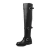 Botas Femininas Acima do Joelho Botas de Cavaleiro em Couro de Vaca Inverno Novo Couro Genuíno Bico Redondo Fivela Salto Médio Botas de Puxar Retas Botas franzidas