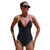Traje de baño de una pieza de nuevo estilo para mujer, sexy y ajustado, bloques de color, estilo europeo y americano, bikini, adelgazante, que disimula el cuerpo, traje de baño sin espalda
