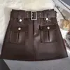 Saia de Trabalho Sexy Branca em Couro PU Americano para Mulheres, Outono e Inverno, Cintura Alta, Justa, Saia Curta Evasê