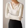 Top de Punto Otoño Invierno Retro Francés Cuello en V para Mujer Fuente de Fábrica Ajustado Adelgazante Temperamento Manga Larga Versátil Camisa Base