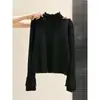 Suéter de punto de doble capa con volantes estilo Chanel para mujer, otoño e invierno, ajuste ceñido, suave, cuello semi-alto, top básico